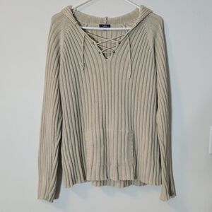 Reitmans Women XL Sweater Hoodie Lace Up V-Neck Chunky Ribbed Cotton Beige Knit